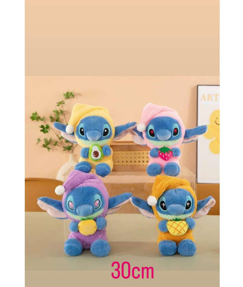 Set of four colorful plush toys resembling a character, with a '30cm' label on a neutral background.