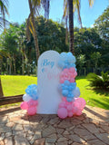 Balloon arch with pink and blue balloons in front of a white backdrop with 'Boy or Girl?' text, set outdoors with palm trees and greenery.