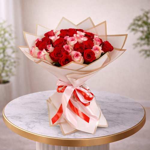 Bouquet of red and pink roses with a decorative ribbon and pink wrapping, mixed flower bouquet 