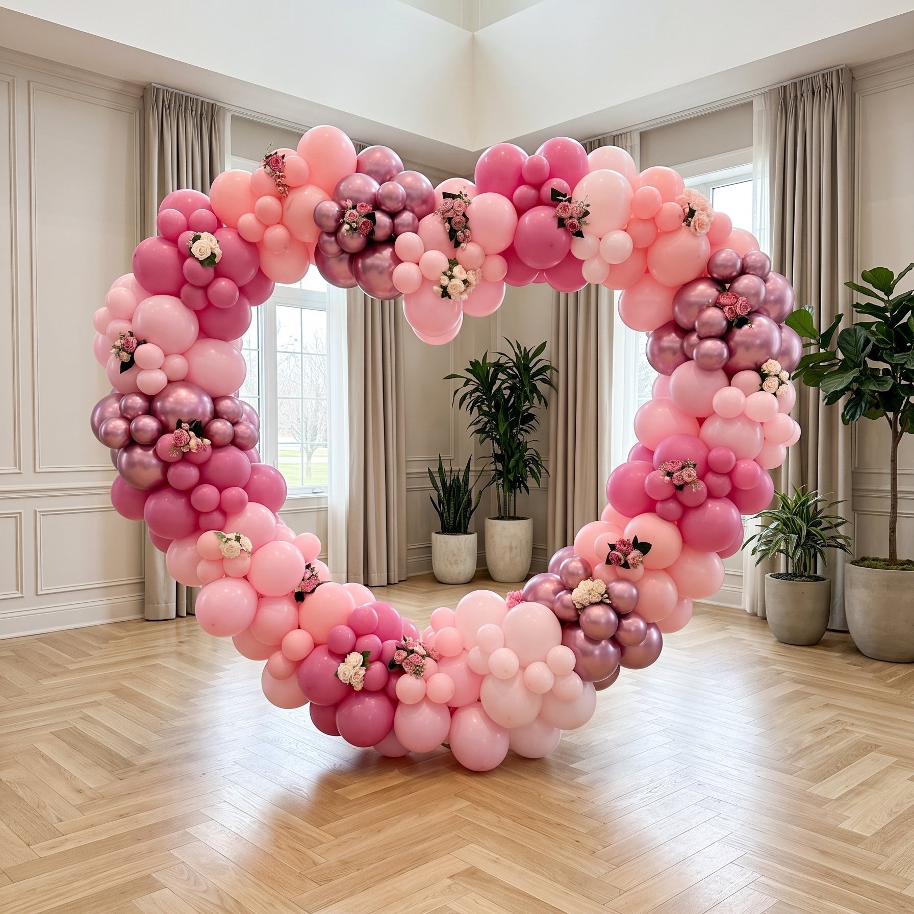 Book luxury pink & rose gold heart balloon backdrops with LED neon signs in Dubai. Ideal for marriage proposals, anniversaries & birthdays across UAE.