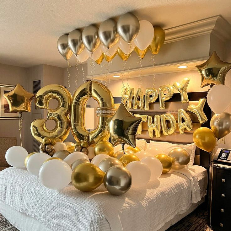 Elegant Golden Chrome, Black & Silver Birthday Surprise Balloon Setup Dubai