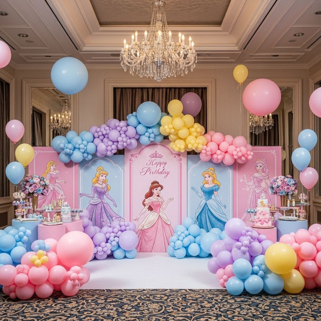 Luxury pastel princess theme birthday stage setup in Dubai featuring custom character backdrops, colorful balloon clouds, and dessert plinths.