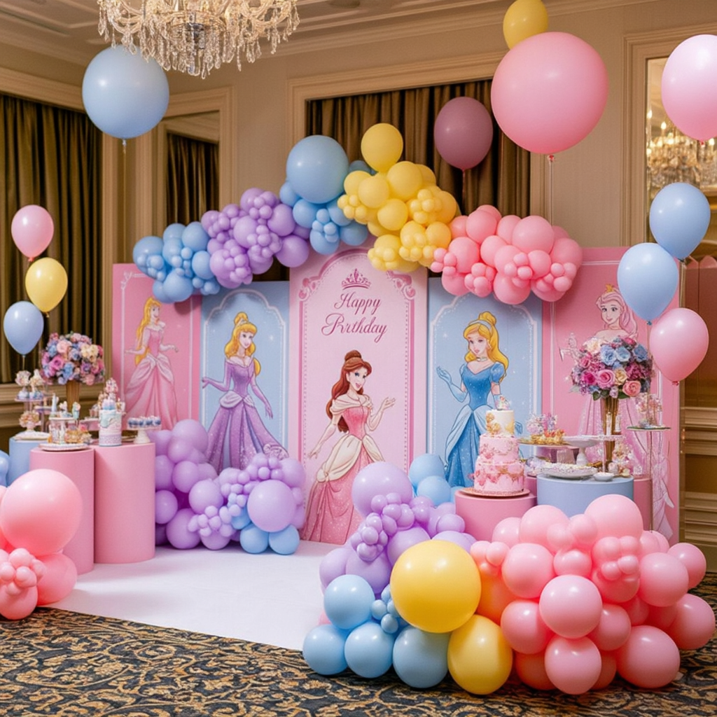 A princess-themed birthday party setup with a large balloon arch and backdrop featuring Disney princess illustrations, including Cinderella, Belle, and Aurora. Pink, blue, and yellow balloons decorate the stage area, with tables holding flowers and a cake in an elegant indoor hall.