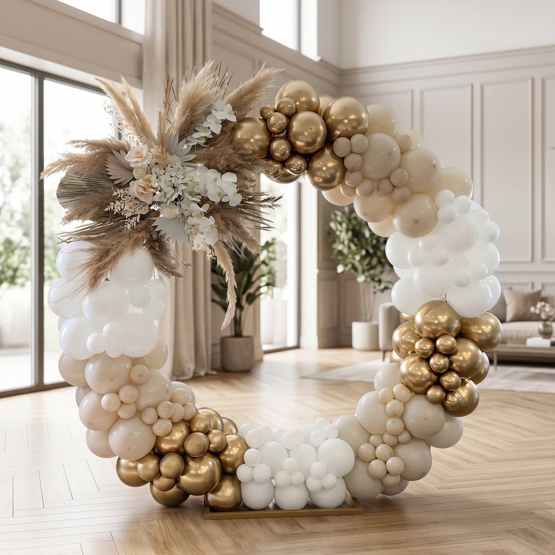 A large decorative balloon arch in a warm neutral palette, featuring clusters of white, cream, and metallic gold balloons, adorned with dried pampas grass and white flowers, set in a bright, modern living room.