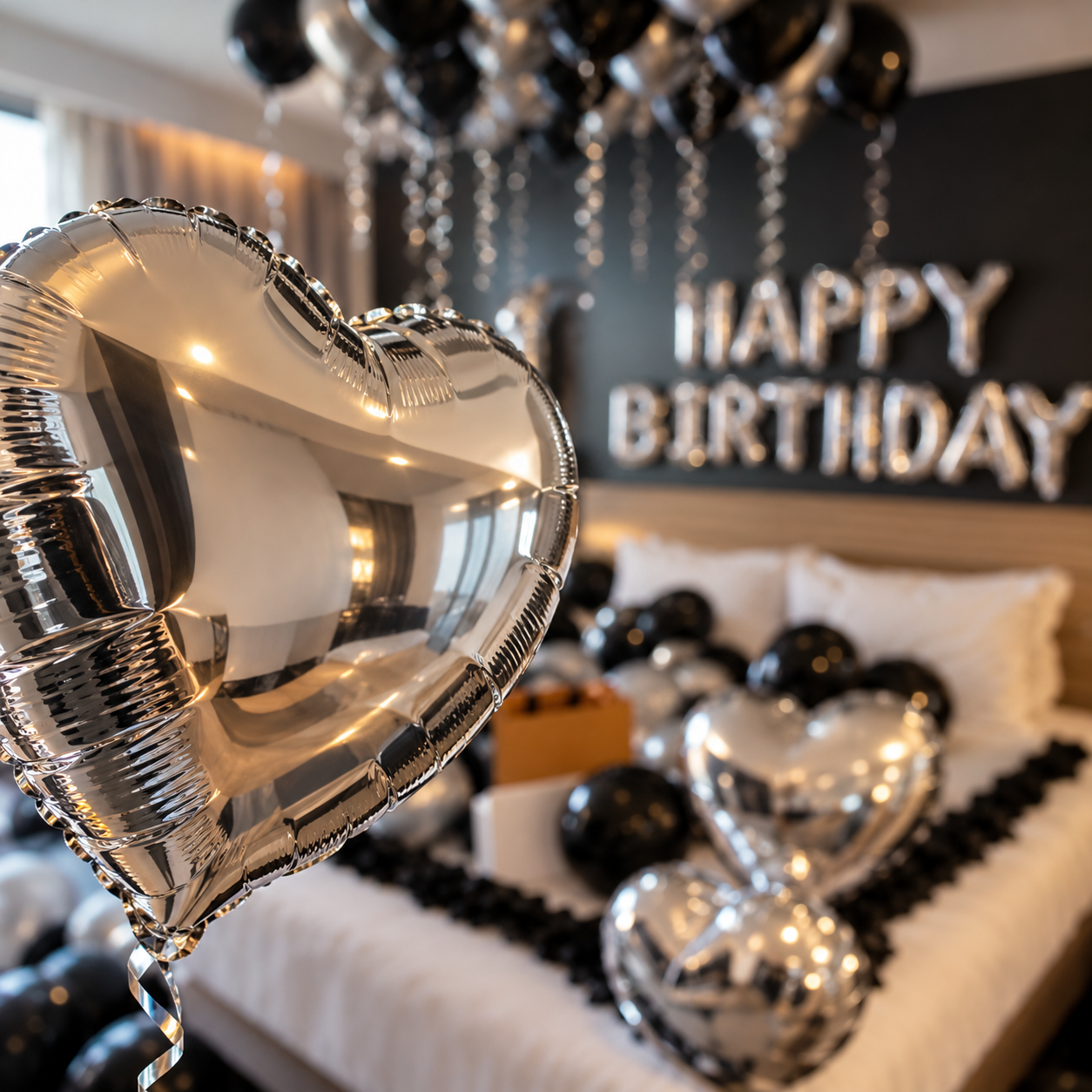 A bedroom decorated for a birthday with large metallic heart-shaped silver balloons, black balloons, a bed with white bedding, and a wall sign reading HAPPY BIRTHDAY.