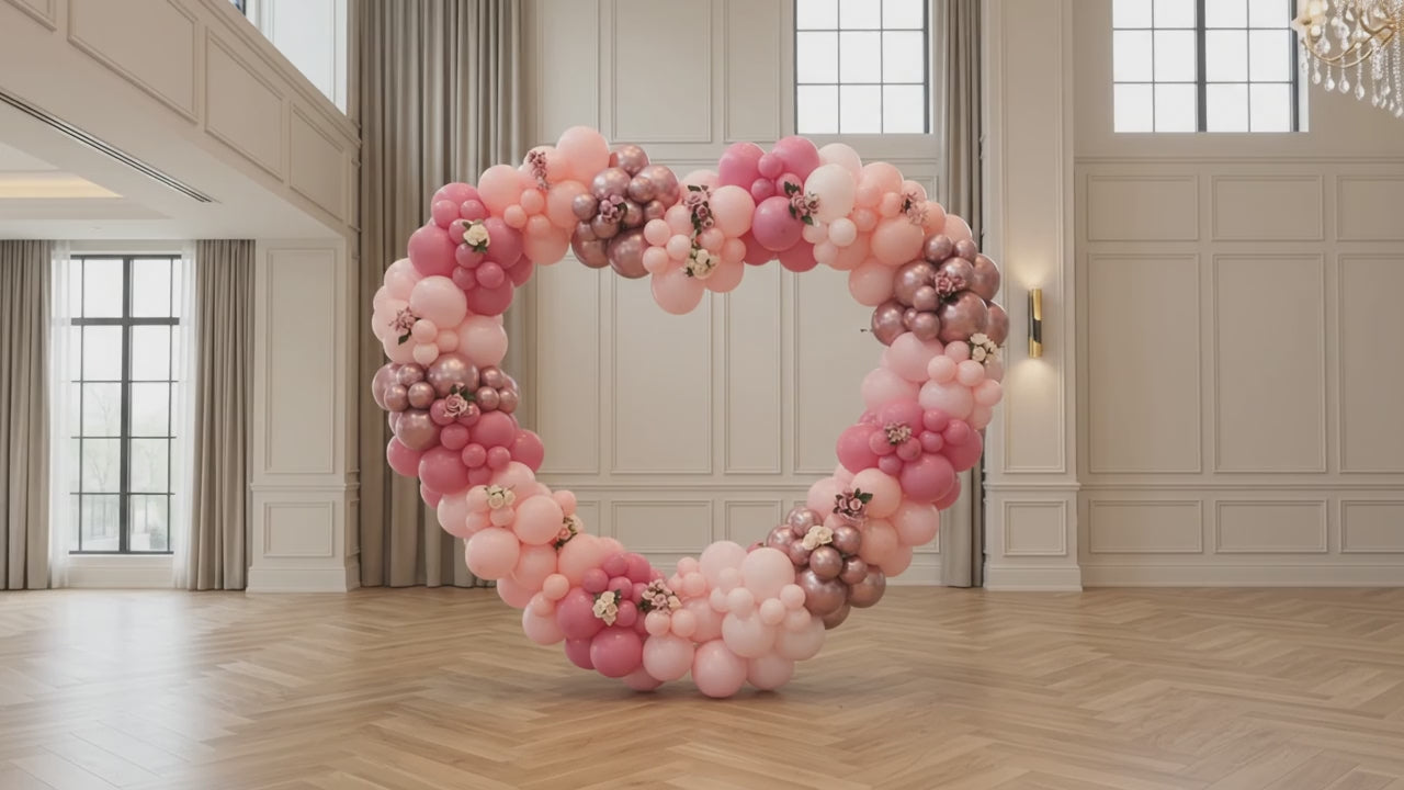 Book luxury pink & rose gold heart balloon backdrops with LED neon signs in Dubai. Ideal for marriage proposals, anniversaries & birthdays across UAE.